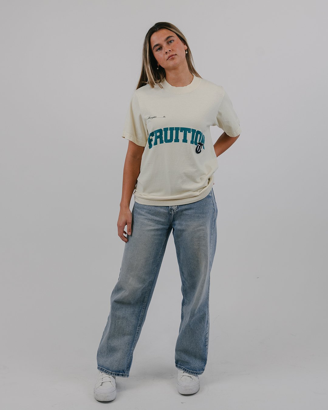 Fruition Applique Oversized Cream Tee - trainofthoughtcollective