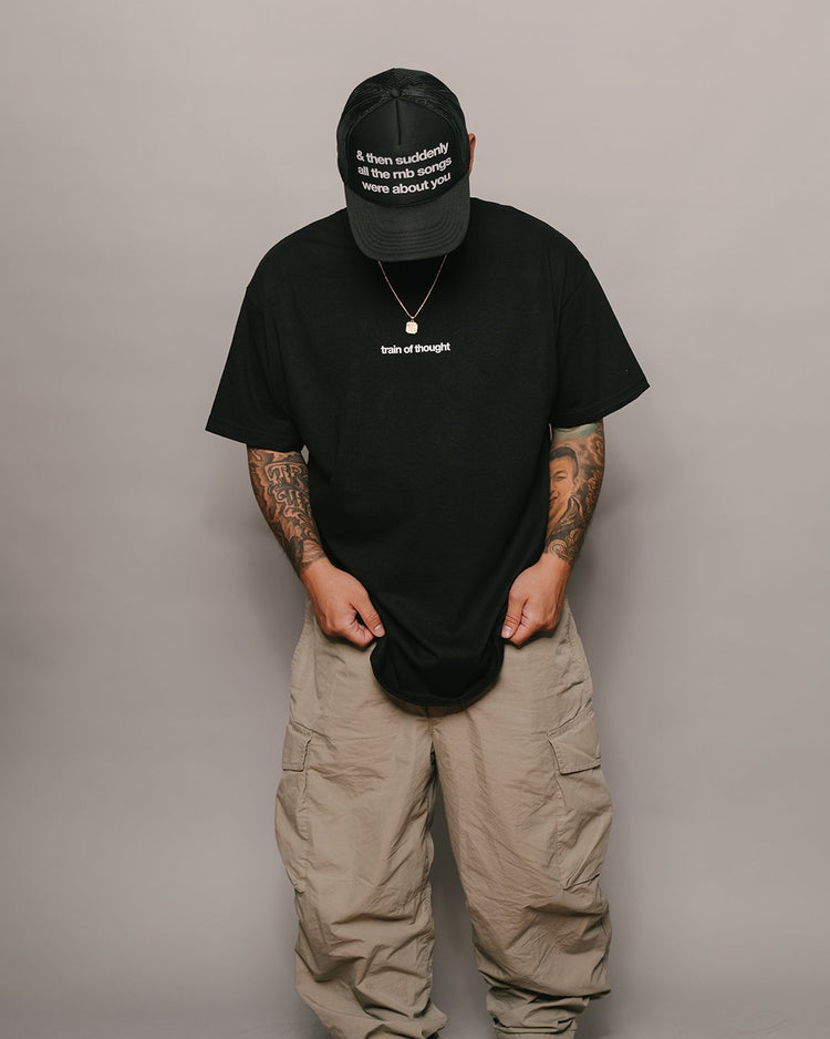 Love Songs Black 5 Panel Trucker Hat - trainofthoughtcollective