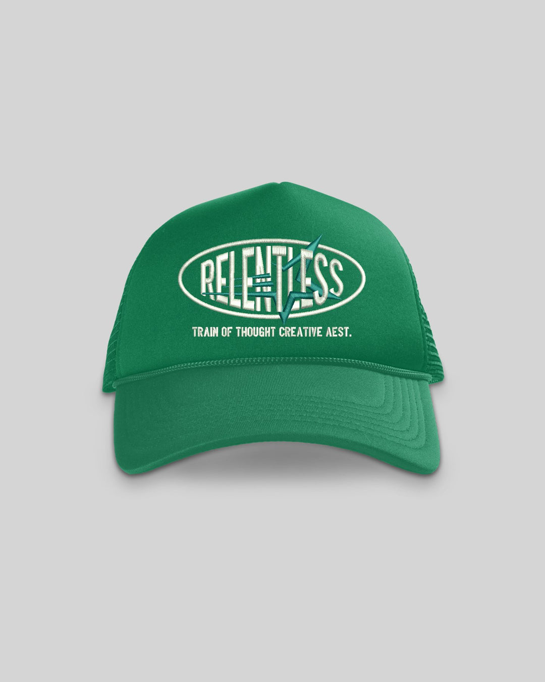 Relentless Green 5 Panel Trucker Hat - trainofthoughtcollective