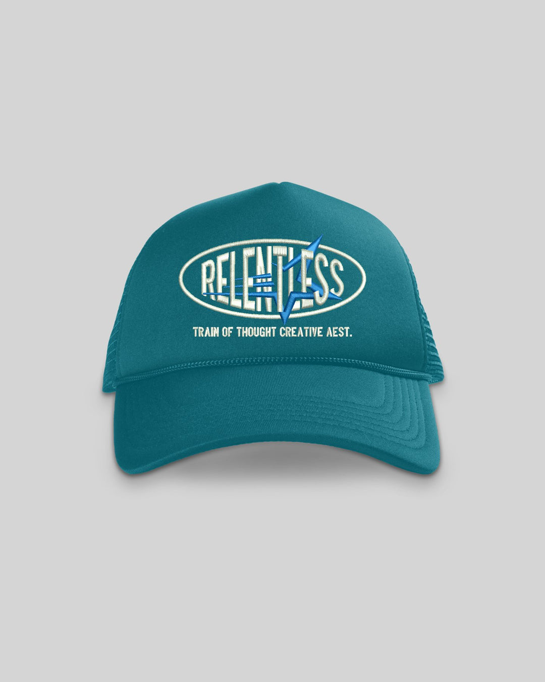 Relentless Turquoise 5 Panel Trucker Hat - trainofthoughtcollective
