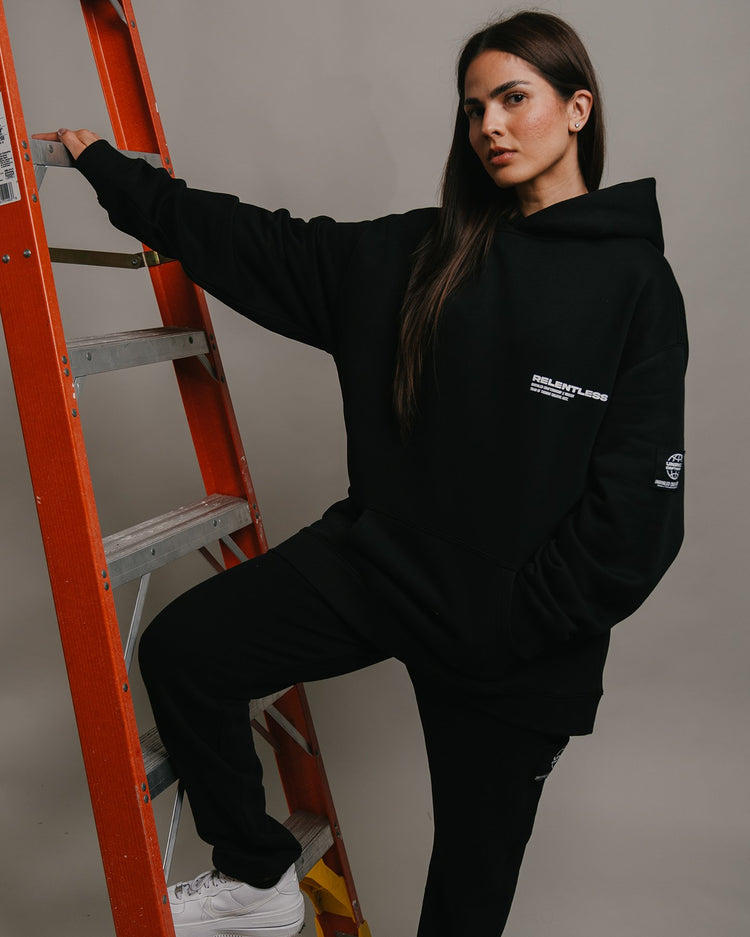 Relentless V1 Premium Black Relaxed Hoodie - trainofthoughtcollective