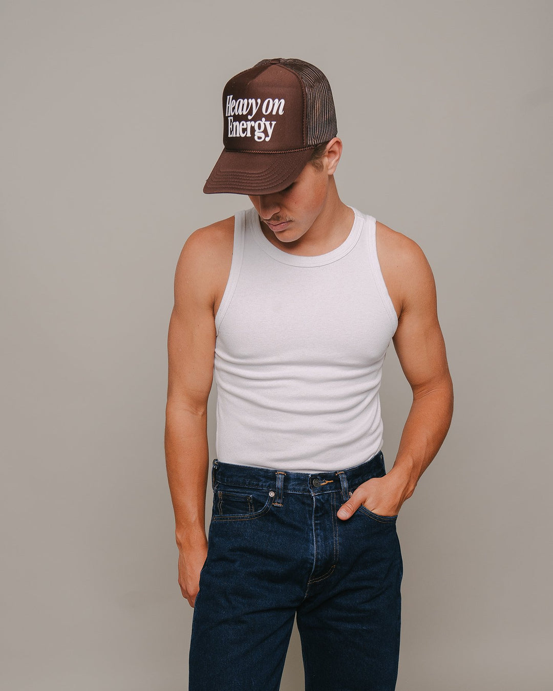 Heavy On Energy Brown 5 Panel Trucker Hat - trainofthoughtcollective