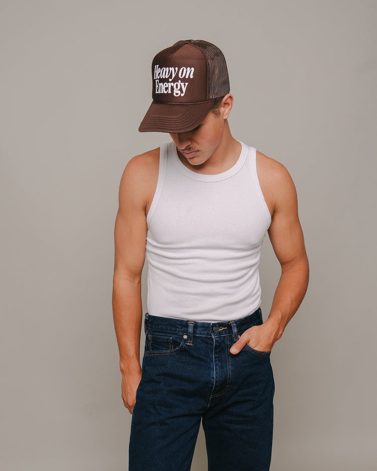 Heavy On Energy Brown 5 Panel Trucker Hat - trainofthoughtcollective