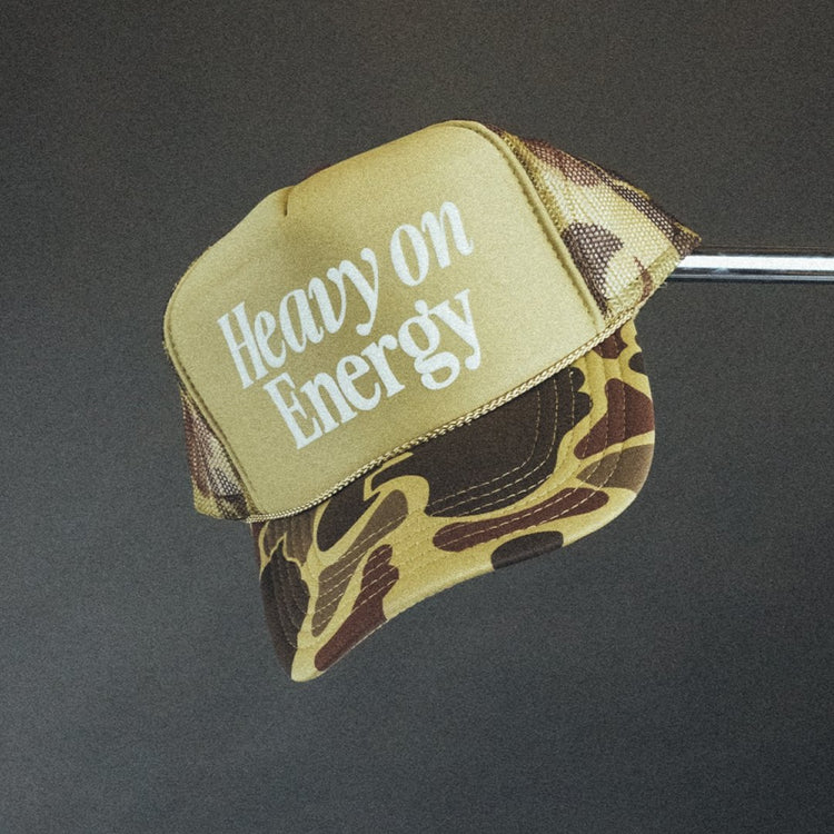 Heavy On Energy Camo 5 Panel Trucker Hat - trainofthoughtcollective