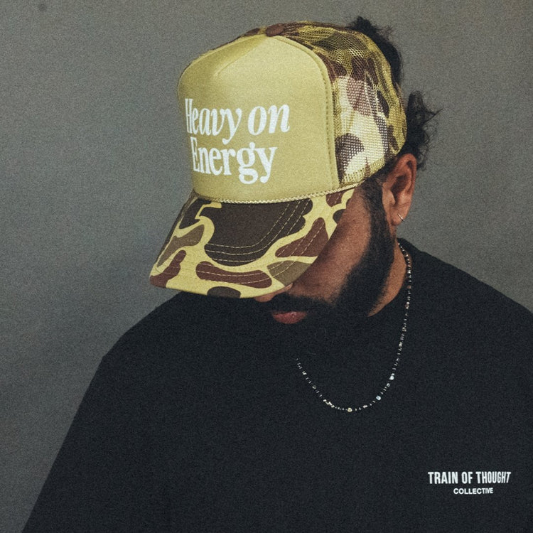 Heavy On Energy Camo 5 Panel Trucker Hat - trainofthoughtcollective