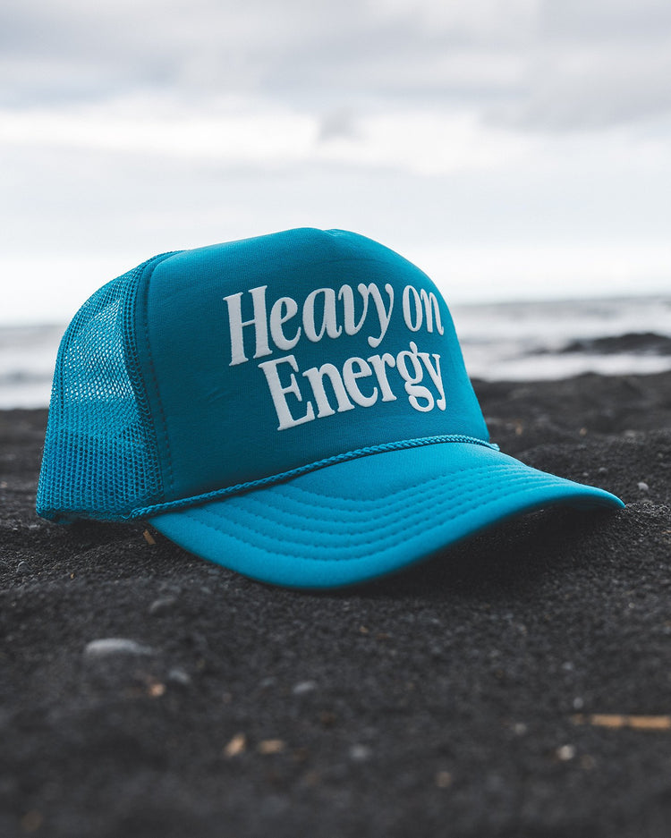 Heavy On Energy Turquoise 5 Panel Trucker Hat - trainofthoughtcollective