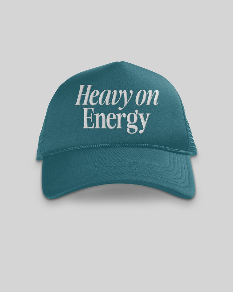 Heavy On Energy Turquoise 5 Panel Trucker Hat - trainofthoughtcollective