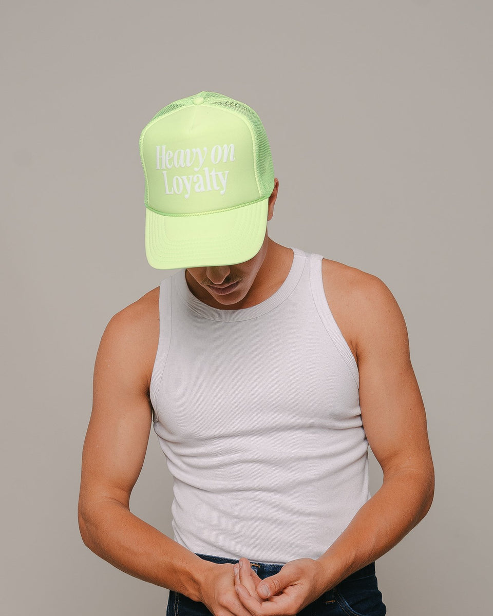 Heavy On Loyalty Neon Green 5 Panel Trucker Hat trainofthoughtcollective