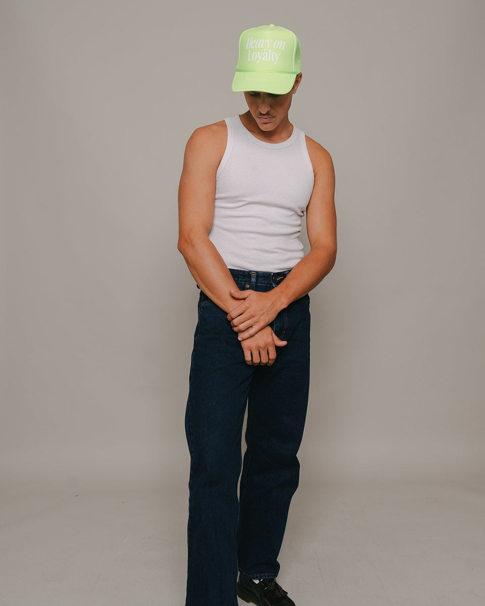 Heavy On Loyalty Neon Green 5 Panel Trucker Hat trainofthoughtcollective