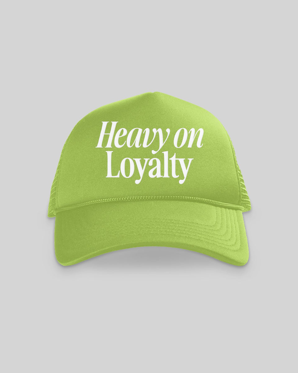 Heavy On Loyalty Neon Green 5 Panel Trucker Hat trainofthoughtcollective