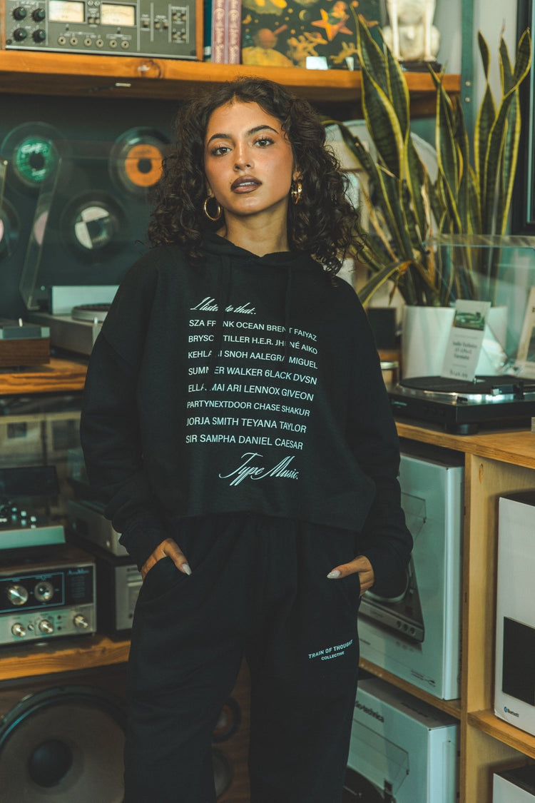 I listen to that.. Modern R&B Womens Cropped Black Hoodie - trainofthoughtcollective