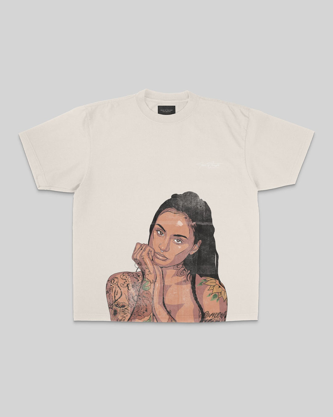 Kehlani Big Face Oversized Cream Tee - trainofthoughtcollective