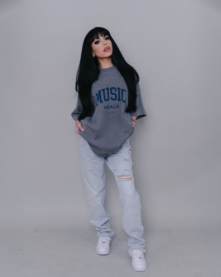 Music Heals Oversized Cement Tee - trainofthoughtcollective