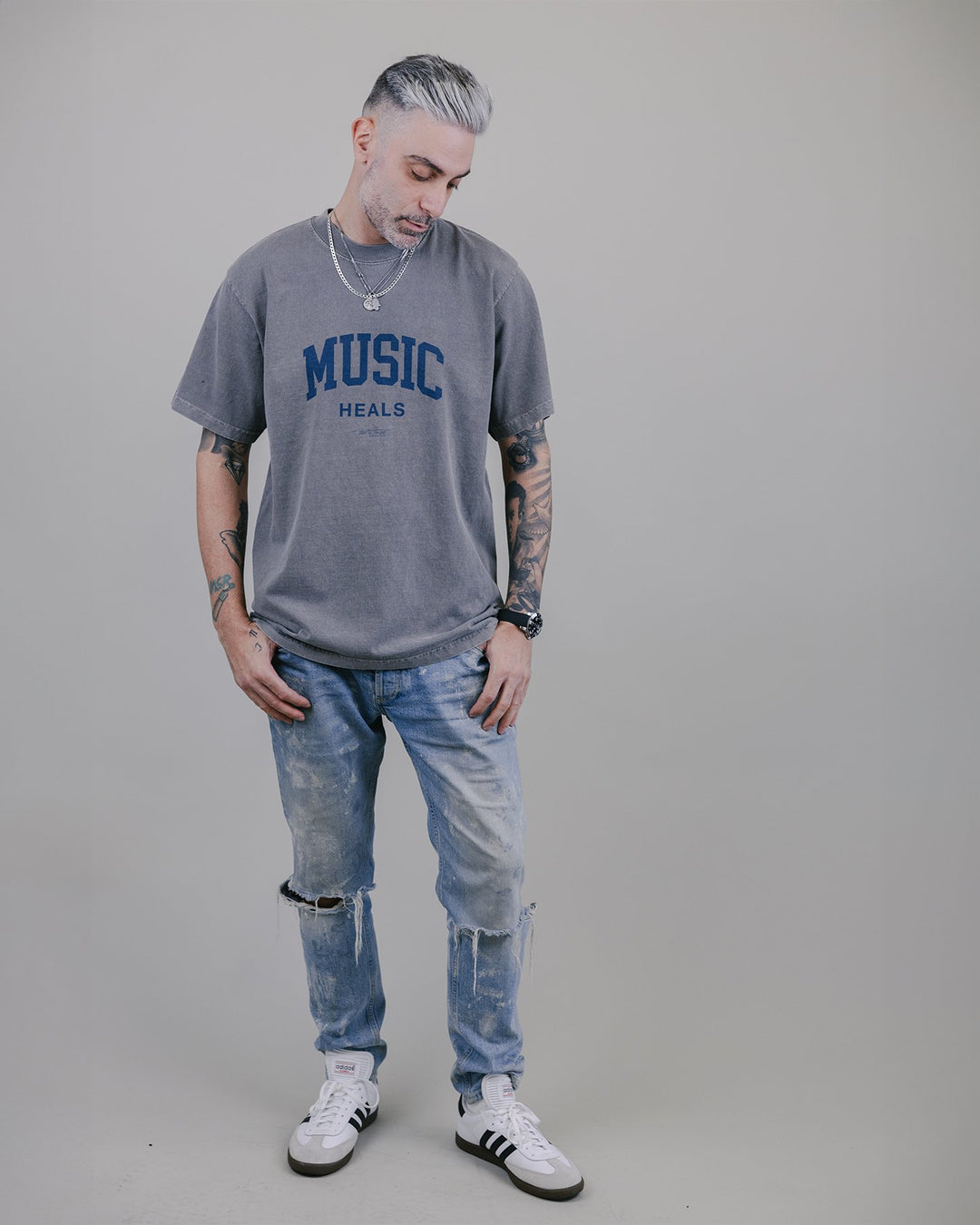 Music Heals Oversized Cement Tee - trainofthoughtcollective