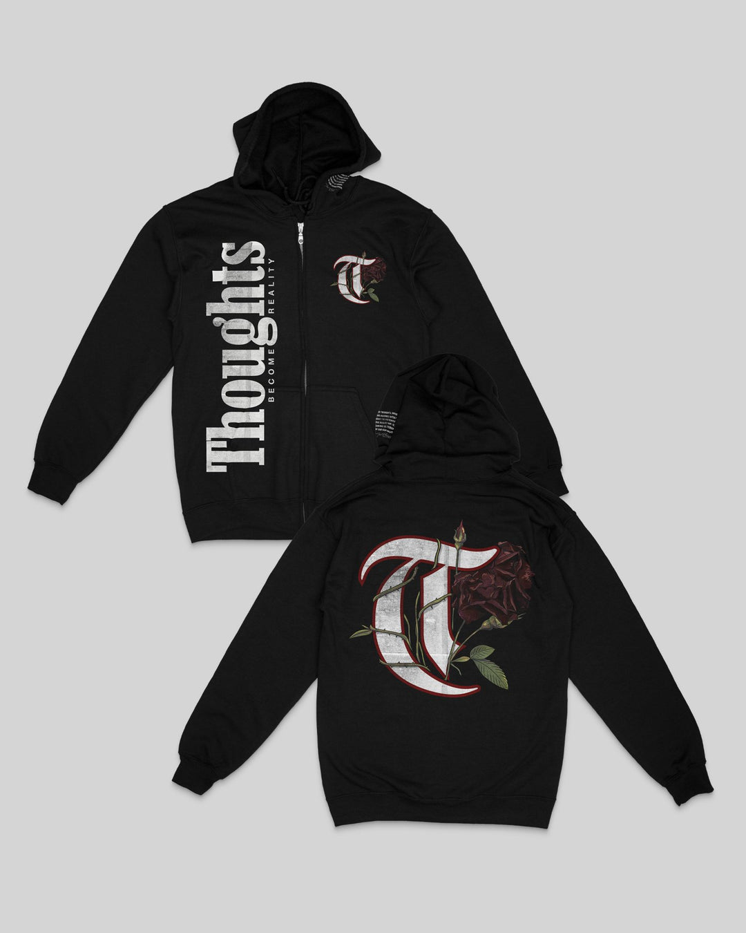 T-Rose Black Full Zip Hooodie - trainofthoughtcollective