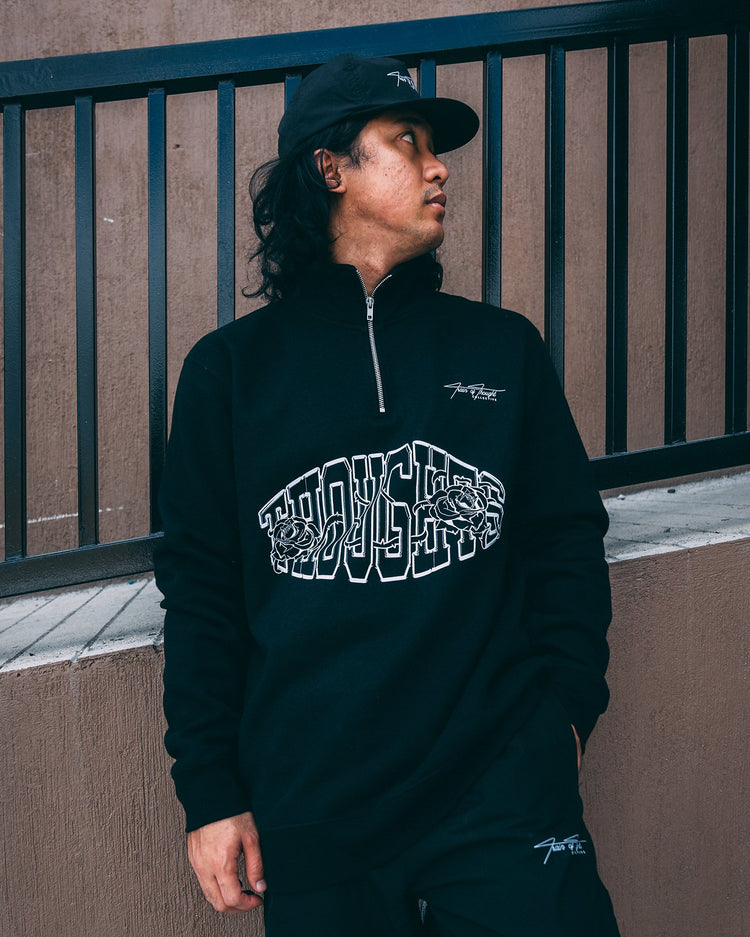 T-Rose Outline Black Half Zip Sweatshirt - trainofthoughtcollective