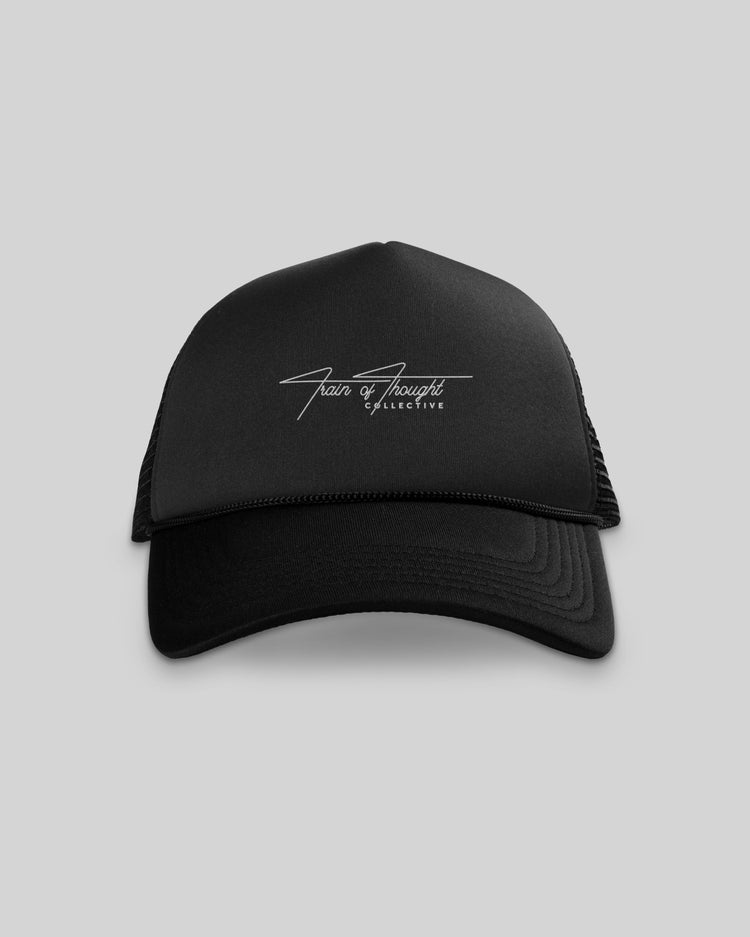 TOTC Signature Logo Black 5 Panel Trucker Hat - trainofthoughtcollective