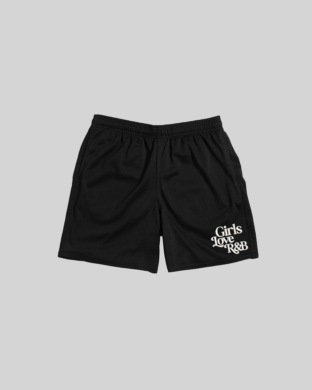 Girls Love R&B | Black Embroidered Mesh Shorts - trainofthoughtcollective