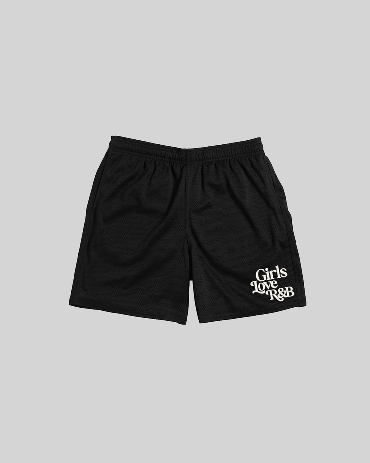 Girls Love R&B | Black Embroidered Mesh Shorts - trainofthoughtcollective