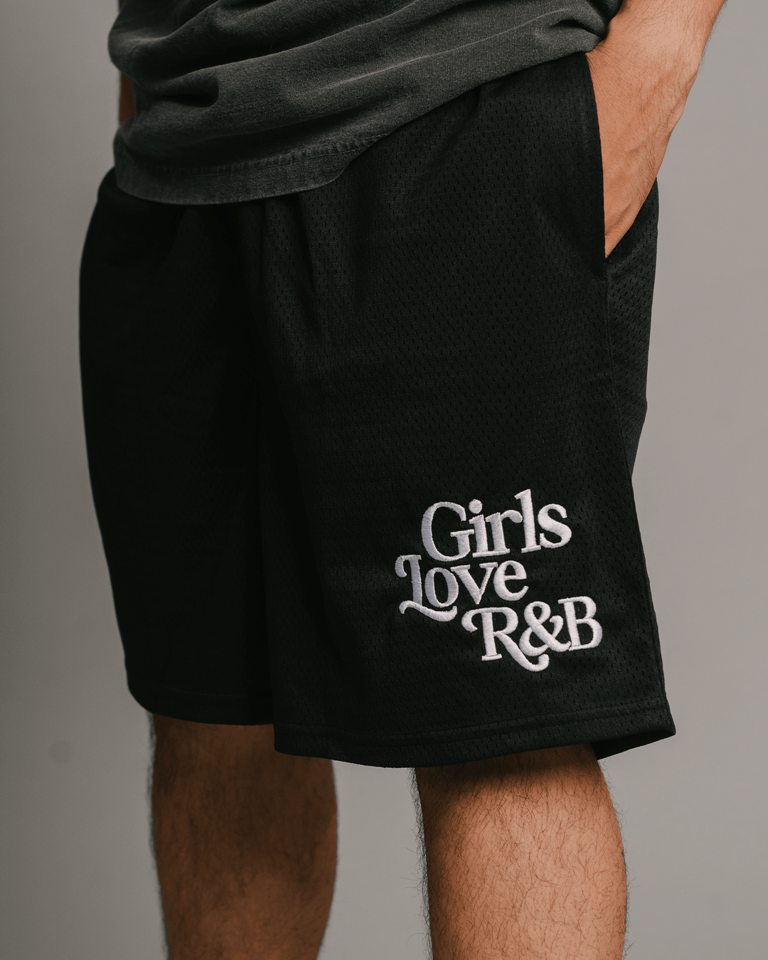 Girls Love R&amp;B | Black Embroidered Mesh Shorts - trainofthoughtcollective