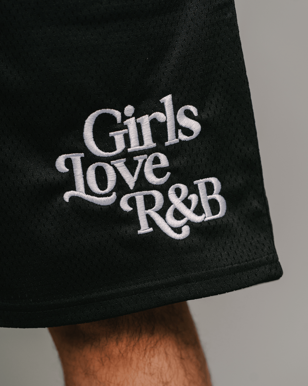 Girls Love R&amp;B | Black Embroidered Mesh Shorts - trainofthoughtcollective