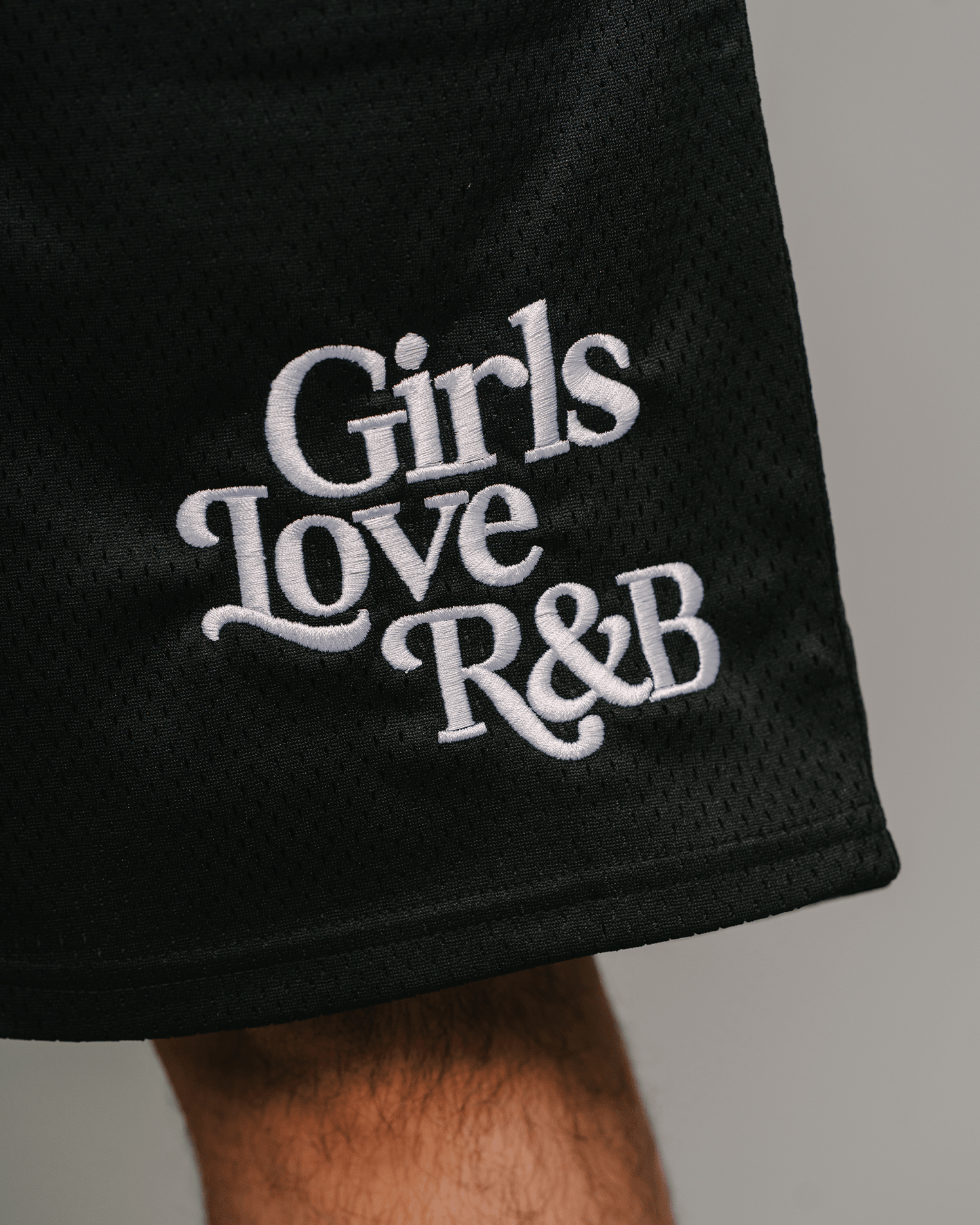Girls Love R&B | Black Embroidered Mesh Shorts - trainofthoughtcollective
