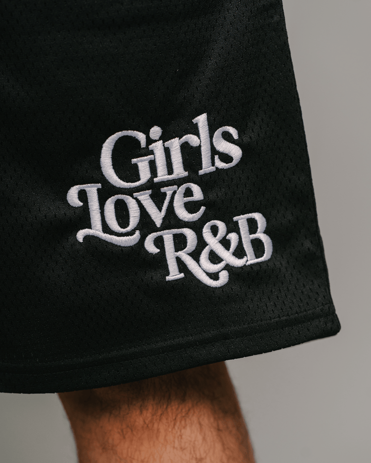 Girls Love R&B | Black Embroidered Mesh Shorts - trainofthoughtcollective