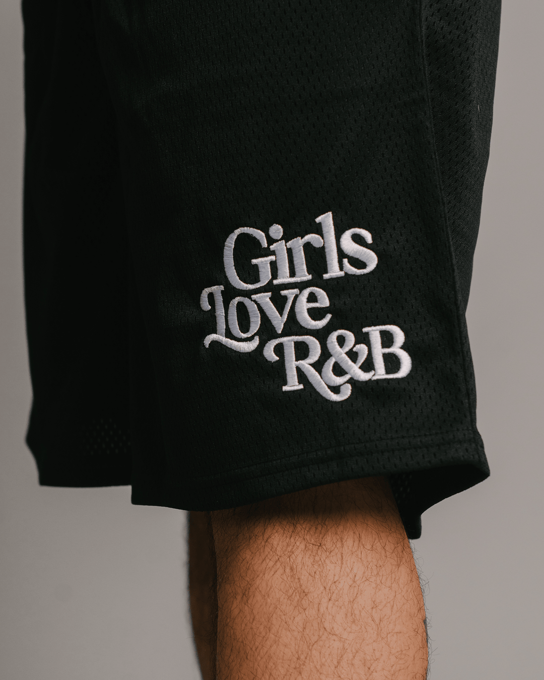 Girls Love R&amp;B | Black Embroidered Mesh Shorts - trainofthoughtcollective