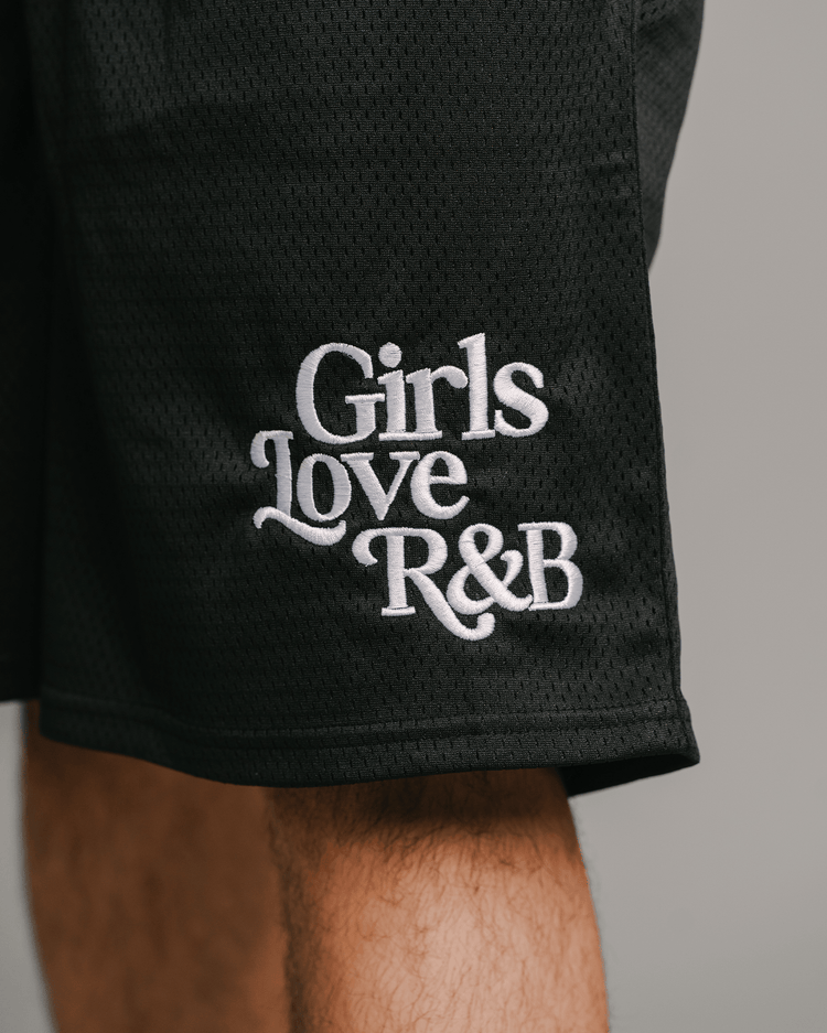 Girls Love R&B | Black Embroidered Mesh Shorts - trainofthoughtcollective