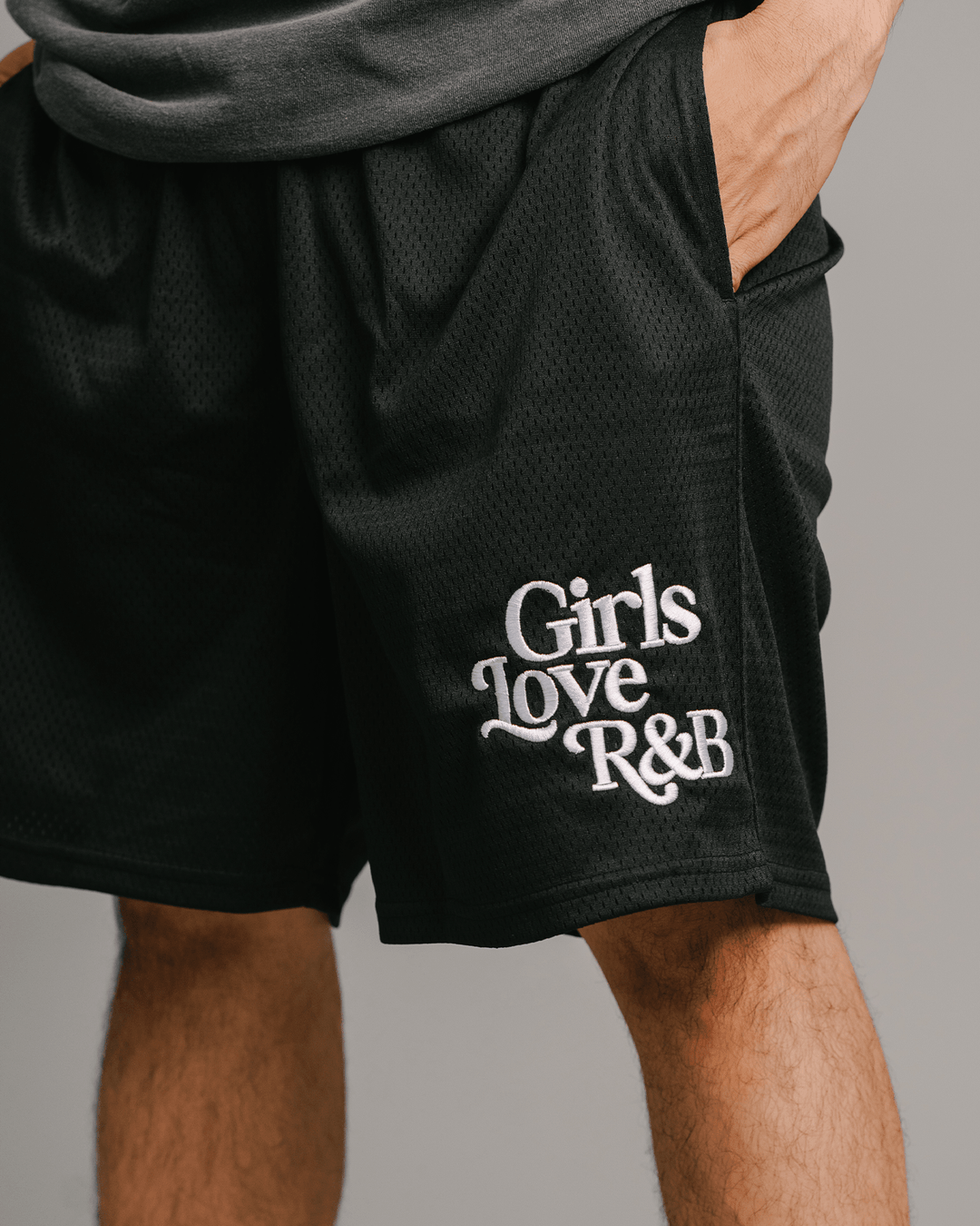 Girls Love R&amp;B | Black Embroidered Mesh Shorts - trainofthoughtcollective