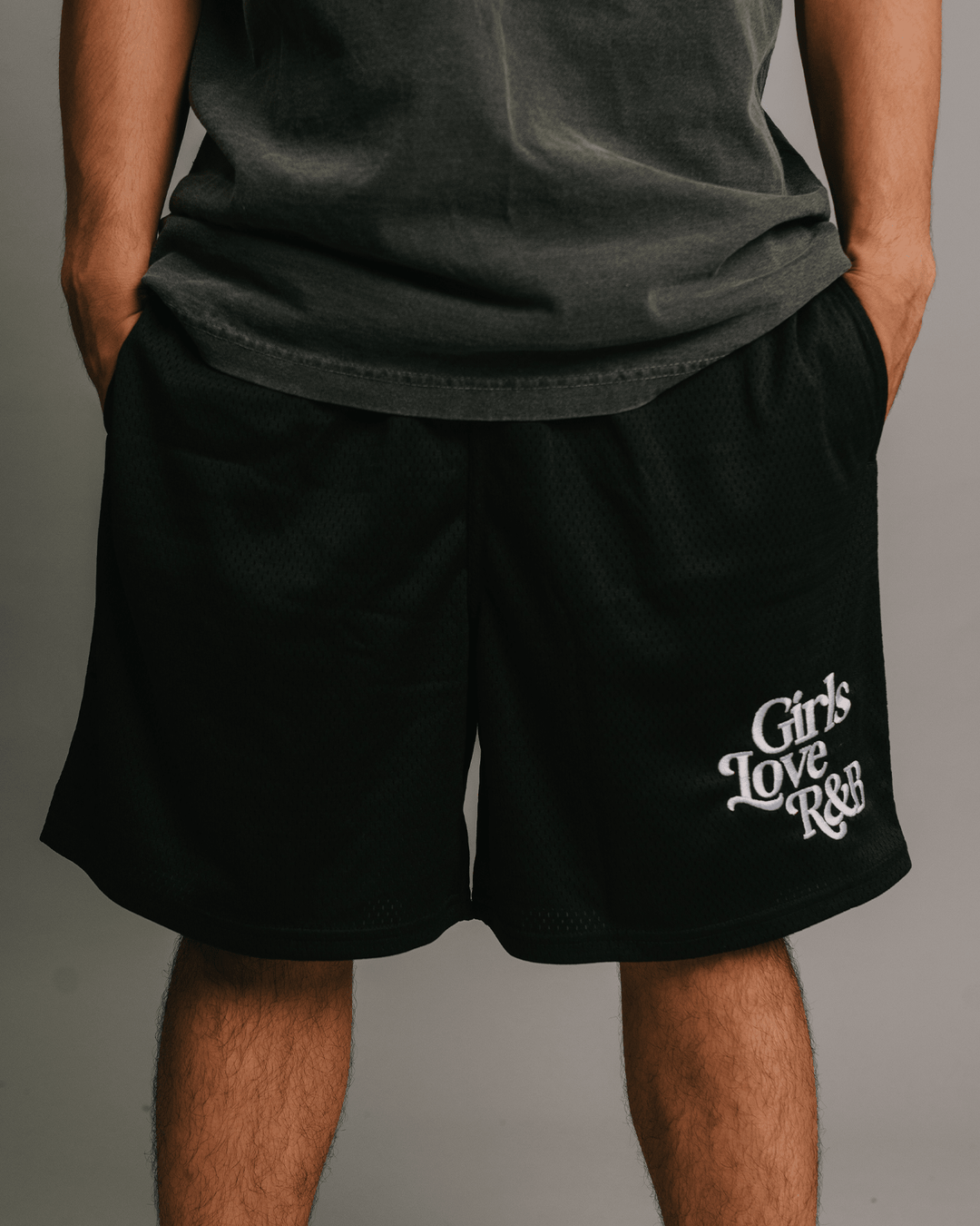 Girls Love R&amp;B | Black Embroidered Mesh Shorts - trainofthoughtcollective