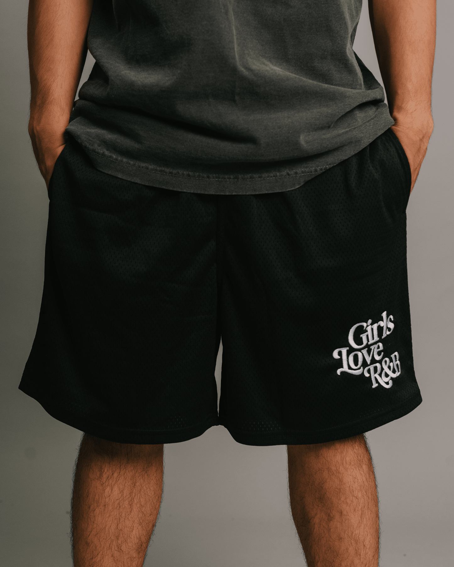 Girls Love R&B | Black Embroidered Mesh Shorts - trainofthoughtcollective