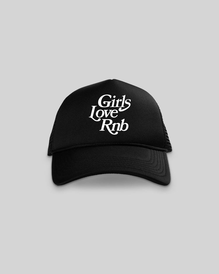 Girls Love RnB Black 5 Panel Trucker Hat - trainofthoughtcollective