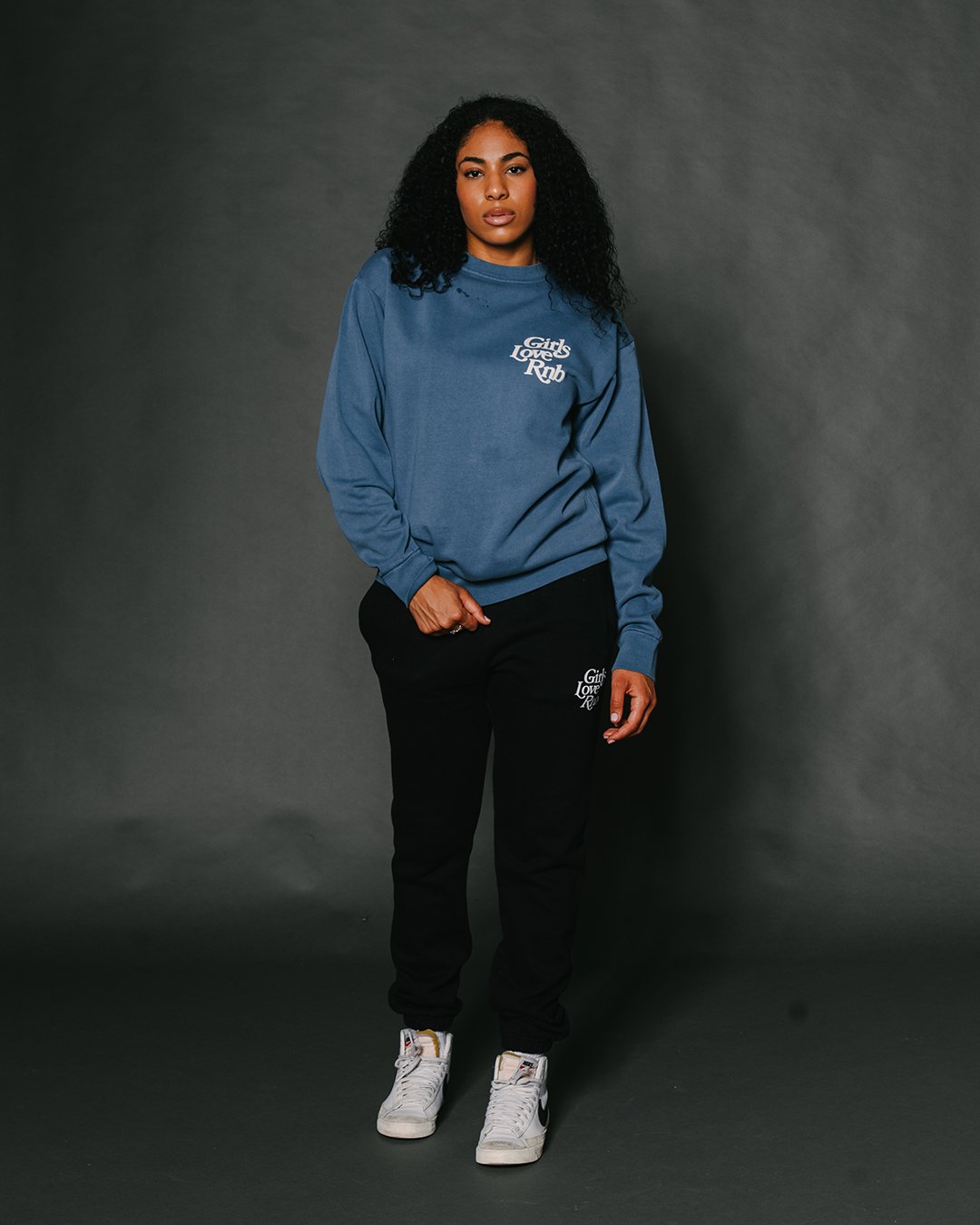 Girls Love Rnb Pebble Blue Crewneck Sweatshirt - trainofthoughtcollective