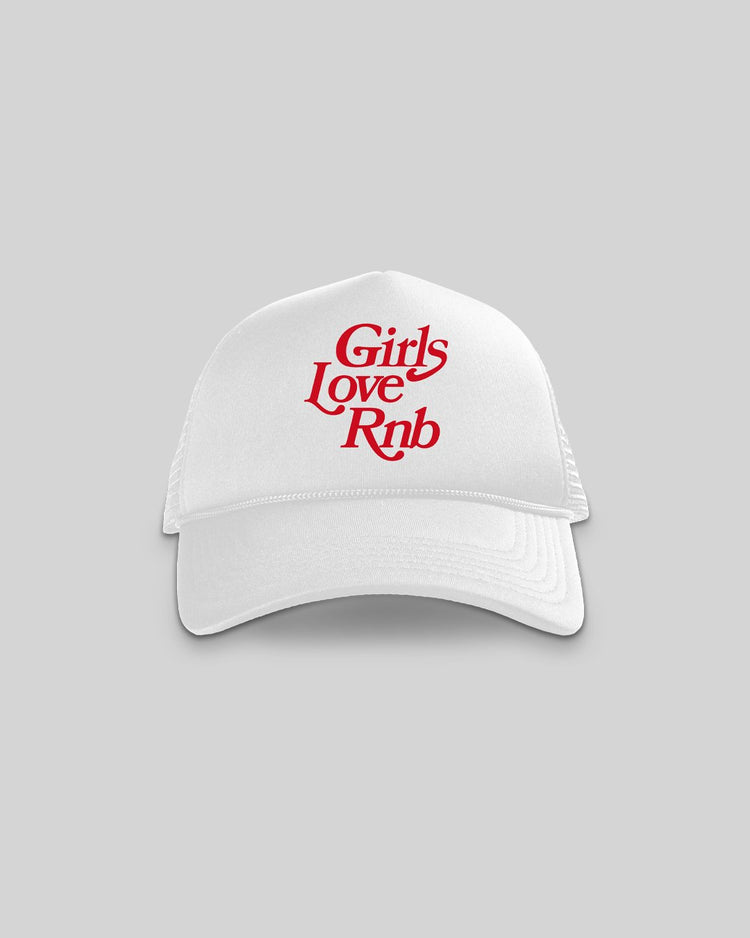 Girls Love Rnb White 5 Panel Trucker Hat - trainofthoughtcollective