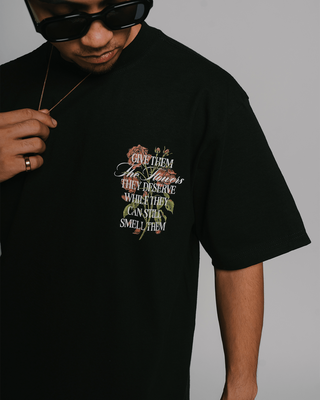 Give Them Flowers | Heavyweight Black Graphic Tee - trainofthoughtcollective
