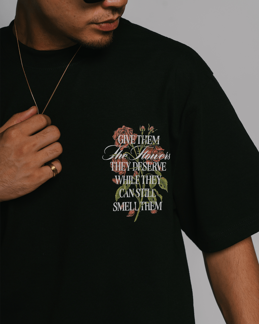 Give Them Flowers | Heavyweight Black Graphic Tee - trainofthoughtcollective