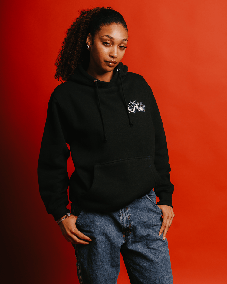 Heavy On Self Belief Black Hoodie - trainofthoughtcollective