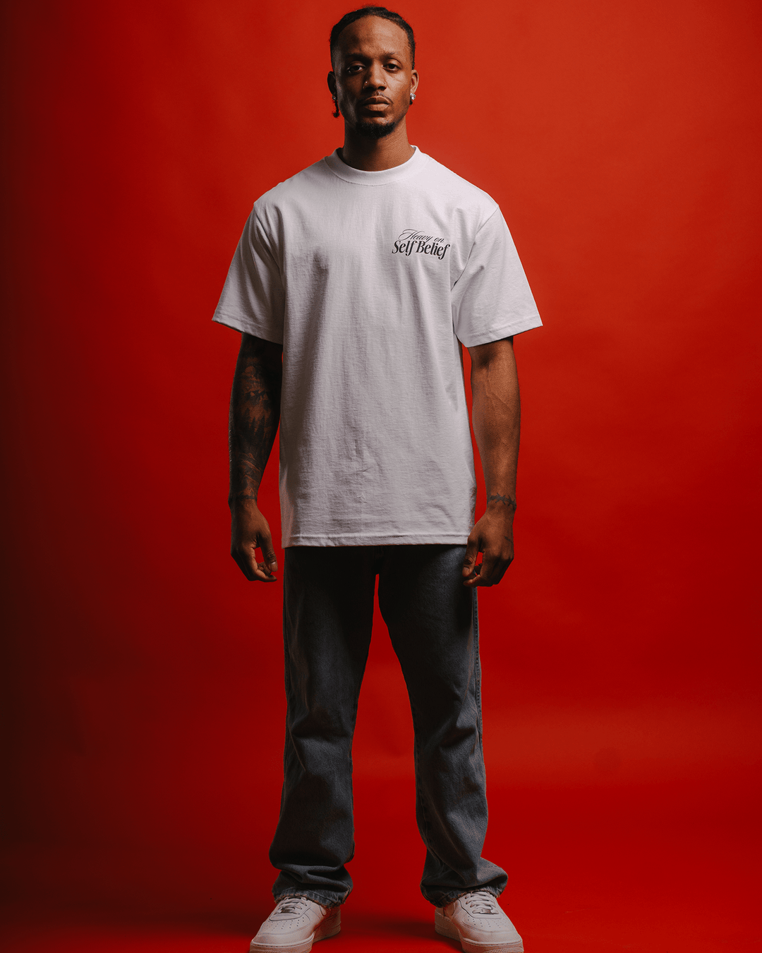 Heavy On Self Belief White Tee - trainofthoughtcollective