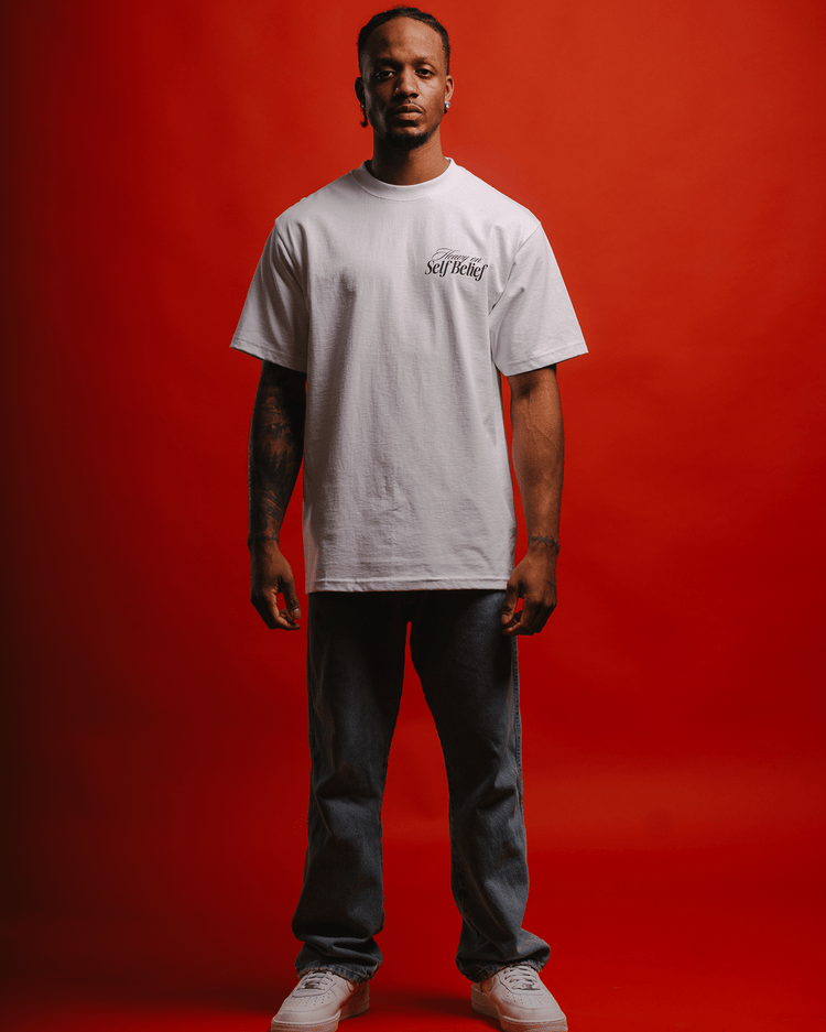Heavy On Self Belief White Tee - trainofthoughtcollective