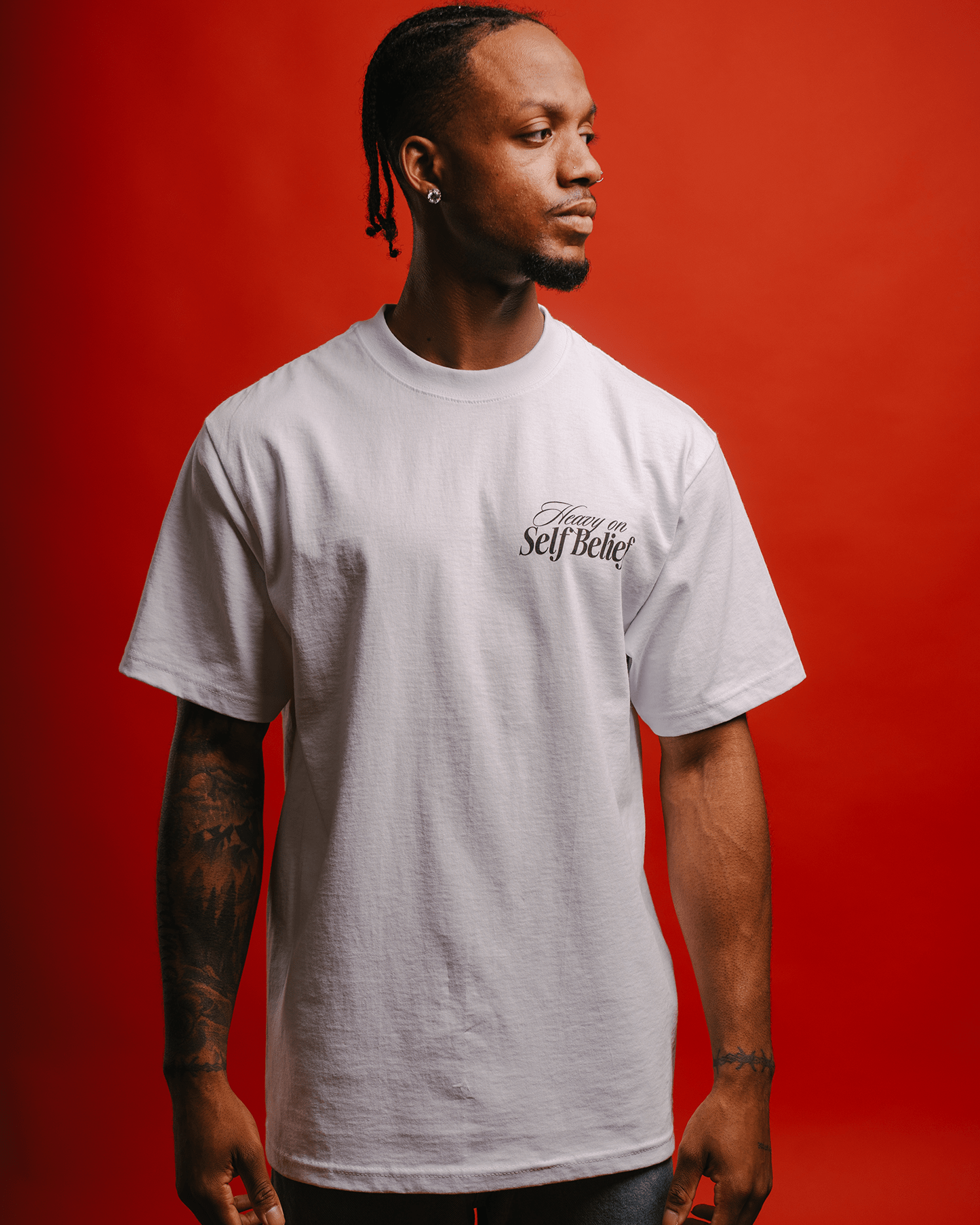 Heavy On Self Belief White Tee - trainofthoughtcollective
