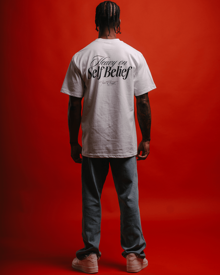 Heavy On Self Belief White Tee - trainofthoughtcollective
