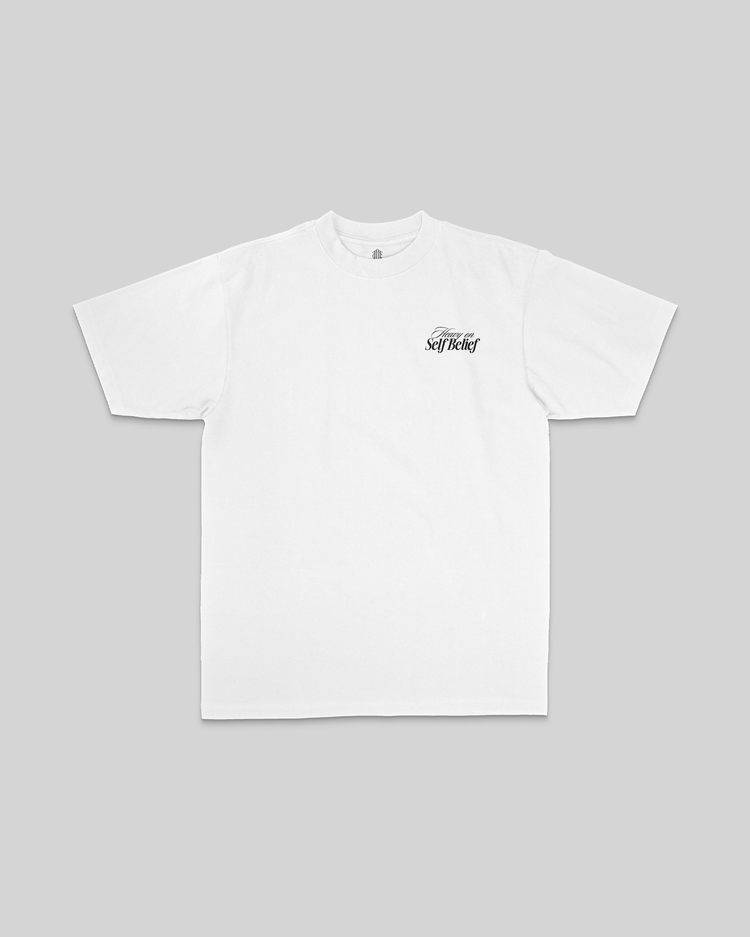 Heavy On Self Belief White Tee - trainofthoughtcollective
