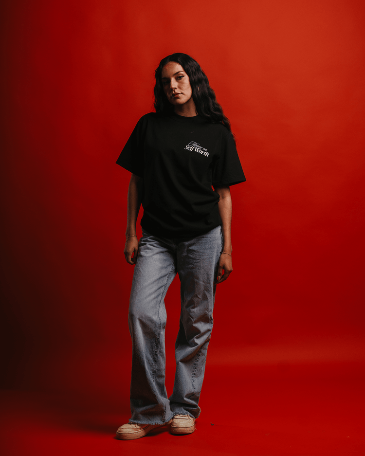 Heavy On Self Worth Black Tee - trainofthoughtcollective