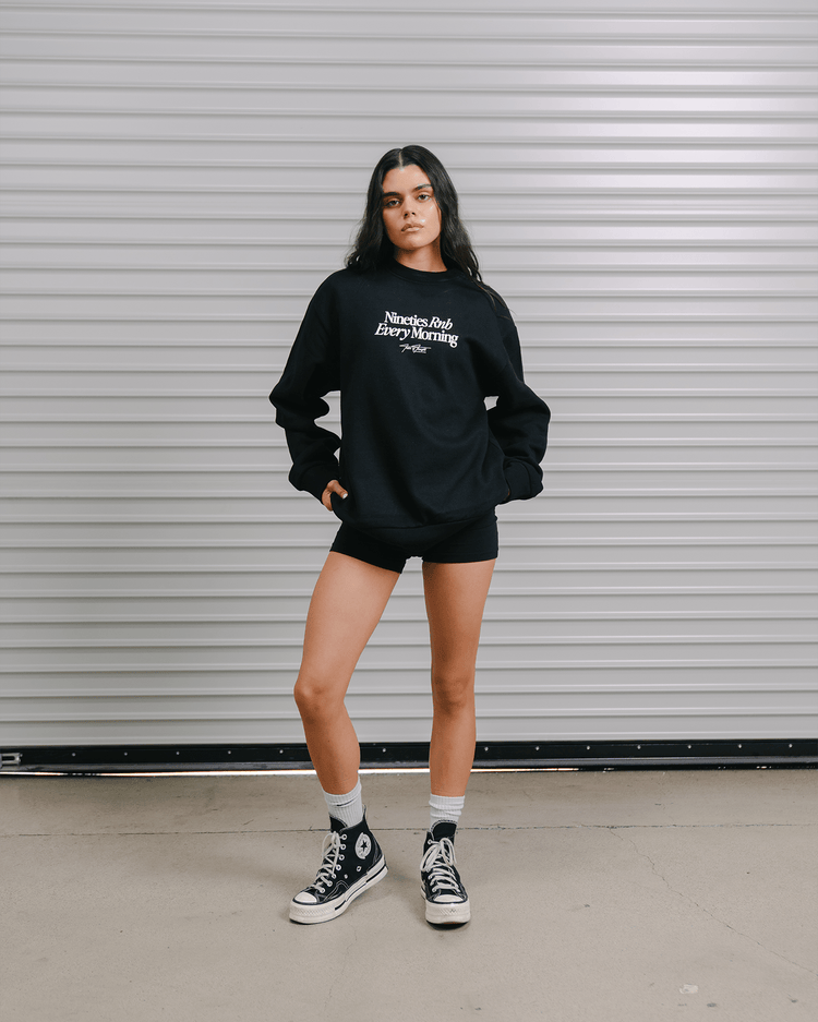 Nineties Rnb Every Morning Black Crewneck Sweatshirt - trainofthoughtcollective