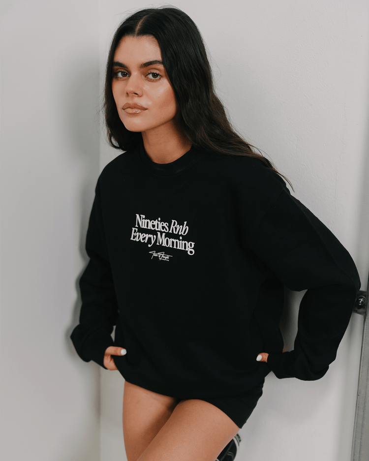 Nineties Rnb Every Morning Black Crewneck Sweatshirt - trainofthoughtcollective