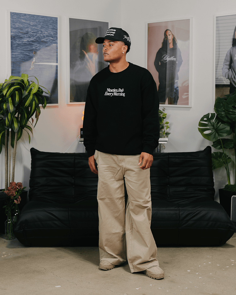 Nineties Rnb Every Morning Black Crewneck Sweatshirt (Embroidered) - trainofthoughtcollective