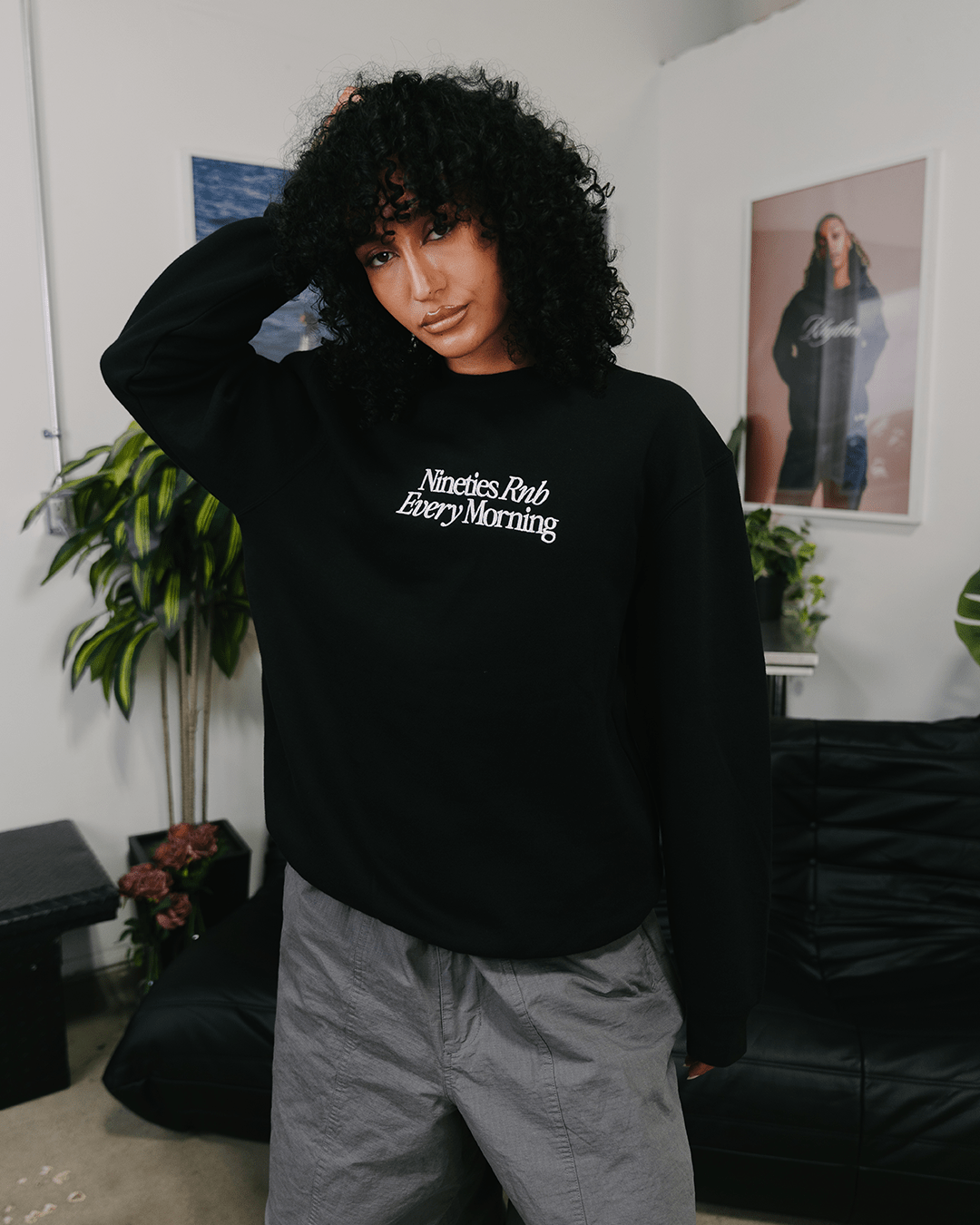 Nineties Rnb Every Morning Black Crewneck Sweatshirt (Embroidered) - trainofthoughtcollective
