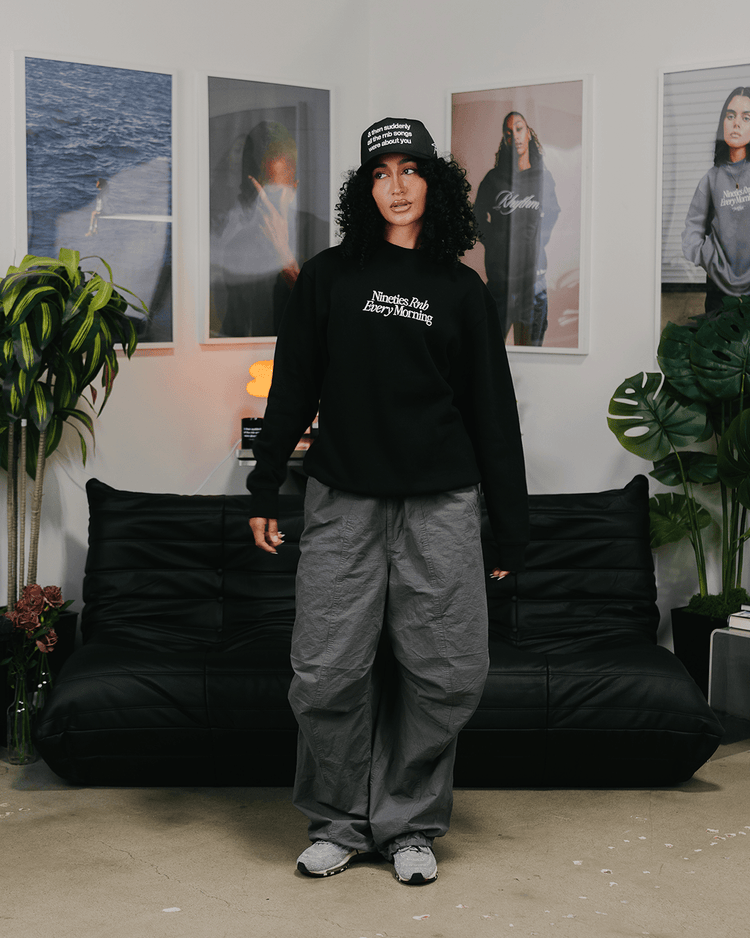 Nineties Rnb Every Morning Black Crewneck Sweatshirt (Embroidered) - trainofthoughtcollective