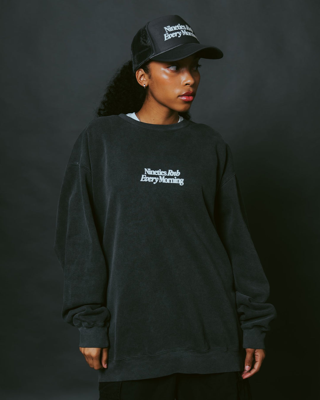 Nineties Rnb Every Morning Garment - Dyed Shadow Sweatshirt - trainofthoughtcollective